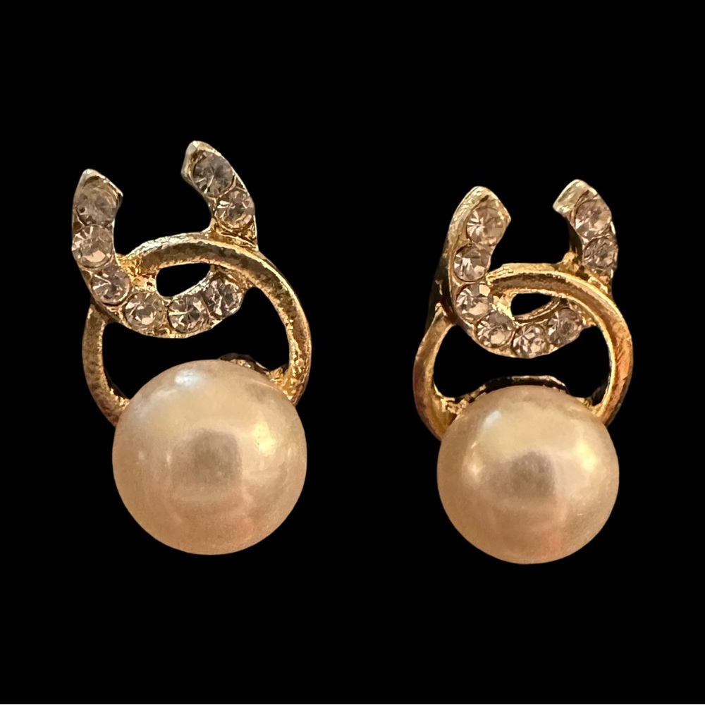 Gold Plated Silver 925 Pearl Stud Earrings With Rhinestone Accents Horseshoe NEW